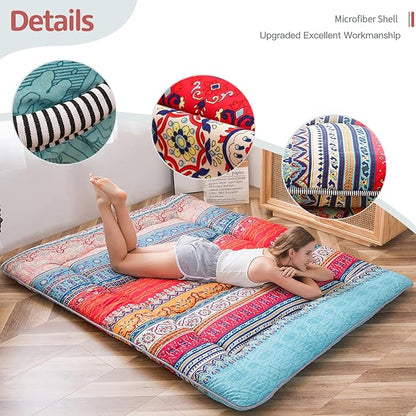 MAXYOYO Bohemian Retro Mattress Vintage Floral Japanese Futon Roll Up Tatami Floor Mat Foldable Bed Portable Camping Mattress Sleeping Pad Floor Lounger Couch Bed Full Size