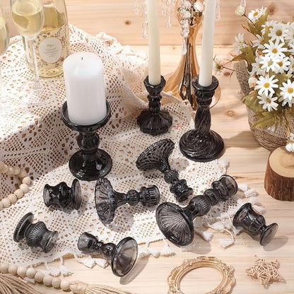Mumufy 10 Pcs Glass Crystal Taper Candle Holders Clear Glass Candlestick Holder Fit 0.8 Inch Candles Crystal Decorative Candle Stand Centerpiece Table Wedding Dining Party (Classic,Black)