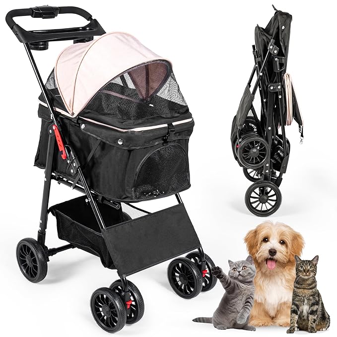 Pet Stroller with 4 Rolling Casters for Pets – Lightweight Multifunctional Travel Stroller with Mesh Windows, Cup Holder, Sun Shades & Storage Pocket for Puppy and Kitty-Mewly Pet