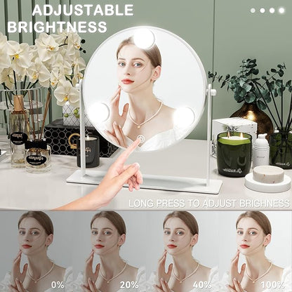 10"x10" Lighted Makeup Mirror, Hollywood Vanity Mirror with 3 Dimmable LED Bulbs, Dimmable Touch Screen, Light up Mirror, Portable Travel Mirror, 360° Rotation, White