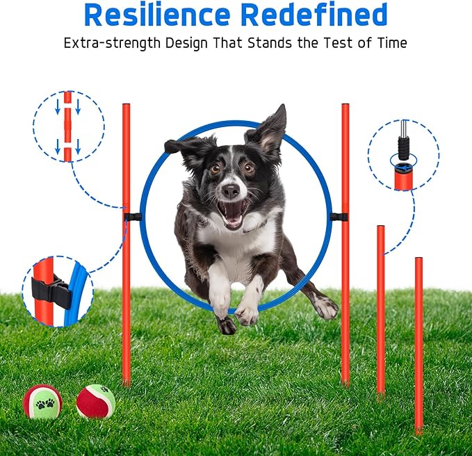Polar Aurora Dog Agility Equipment, Dog Obstacle Courses Backyard - Pet Outdoor Games w/Adjustable High Jump, Agility Weave Poles, Tunnel, Jumping Ring, Pause Box, 2 Balls,Whistle and Carrying Bag
