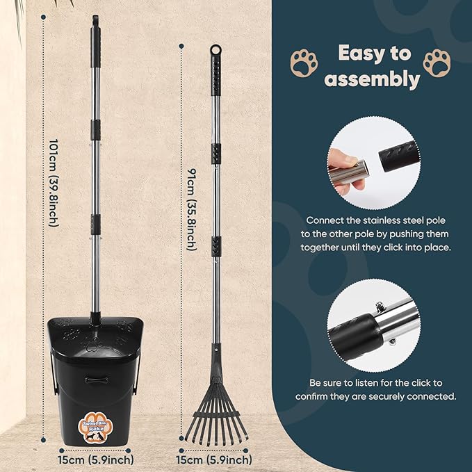 Stainless Steel Dog Pooper Scooper,40" Long Handle Swivel Bin and Rake,20 Waste Bags - Heavy Duty Portable Metal Poop Scooper for Large,Medium and Small Dogs-Mewly Pet