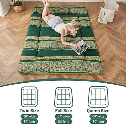 Japanese Floor Mattress, Futon Mattress with Portable Storage Bag and Washable Cover, Roll Up Thick Tatami Mat Suitable for Camping, Guest Room (Boho Green, Full)