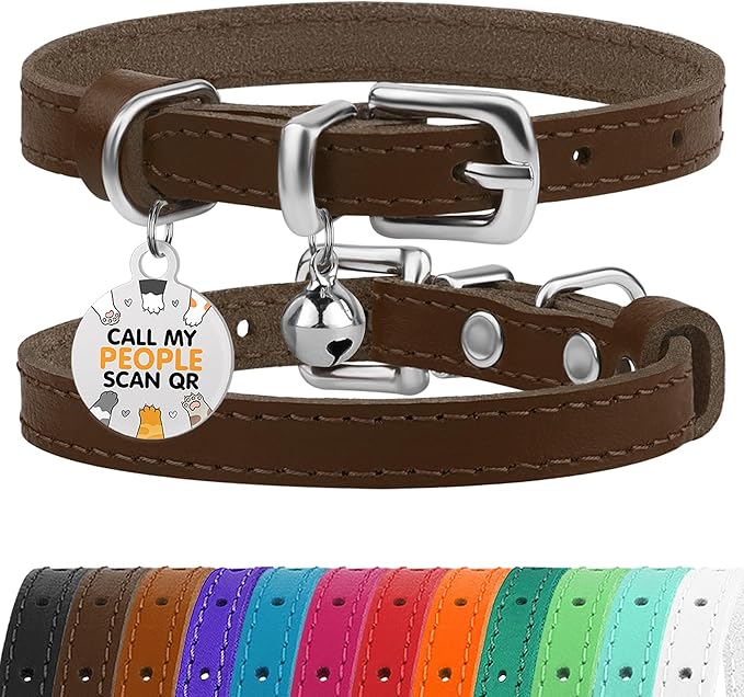 BRONZEDOG Leather Cat Collar with Removable Bells Non Breakaway Kitten QR Tag for Girl Boy (9" - 12" Cats/Mini Dogs, Brown & Silver)-Mewly Pet