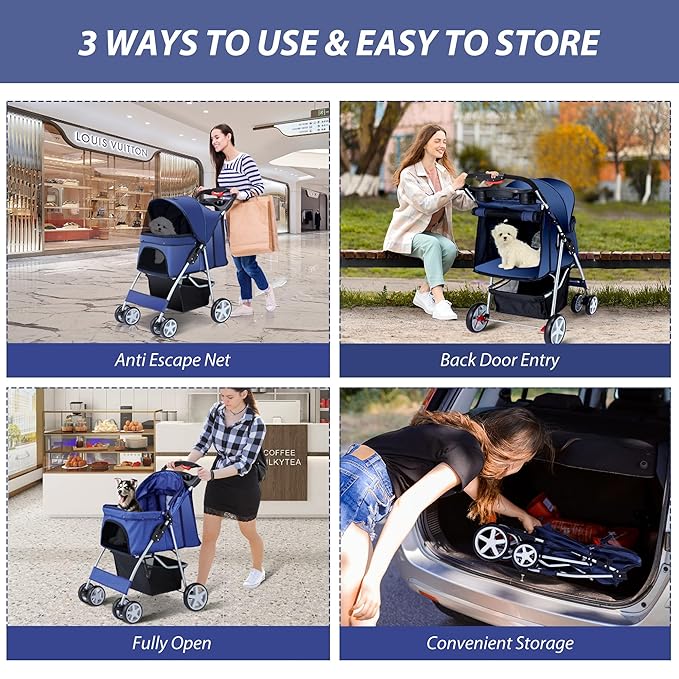 4 Wheels Pet Stroller for Small Medium Dogs Cats 10-33 lbs, Foldable Dog and Cat Stroller with Cup Holder & Storage Basket & Breathable Mesh, Pet Strolling Cart for All-Season, Navy Blue-Mewly Pet