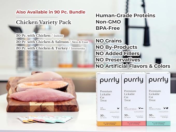 Purrly Lickable Wet Cat Treats Healthy Grain-Free Chicken Variety Pack (18 Count) Squeezable Creamy Purée with Human-Grade Protein Sources and Functional Nutrients Non-GMO No-Artificial-Additives-Mewly Pet
