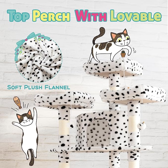 SHA CERLIN 73in Fan-Shaped Corner Cat Tower for Save Space/Multi-Level Tall Tree for Indoor Kitties/Condo with Baskets/Cozy Perches/Sisal Scratching Posts/Pet Activity House/White & Black Spot-Mewly Pet