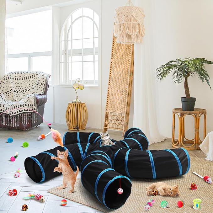 Poen 21 Pcs Cat Tunnel for Indoor Set Collapsible 5 Way Tubes with 20 Pcs Cat Kitten Toys Interactive Feather Toy Mouse Crinkle Balls Tube for Puppy Kitten Rabbit(Blue Black)-Mewly Pet
