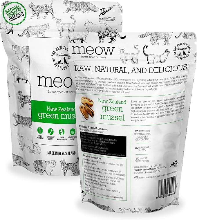 Meow Freeze Dried Cat Treats - New Zealand Green Mussel, High Protein, Healthy Cat Snacks and Toppers, All Natural for All Life Stages, 1.76 oz-Mewly Pet