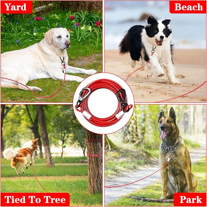 Red Chew Proof 30FT Dog Tie Out Cable, Heavy Duty Dog Lead for Yard & Camping-Mewly Pet