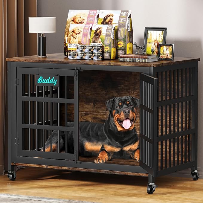 EasyCom 48"/42"/33" Dog Crate Furniture with Name Tag, Heavy Duty Dog Kennel Indoor for Large Dogs, Escape-Proof and Chew-Proof Dog Cage for high Anxiety Dog, Decorate House as TV Stand, End Table-Mewly Pet