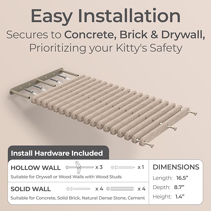 Wall Mounted Cat Perch Long Shelf by Pryde Pets - Floating Hammock Bed, 100% Sustainable PET Felt Feline Enrichment Climber Furniture for Indoor Cats, Modern Climbing Gym Jungle Design (Oatmeal)-Mewly Pet