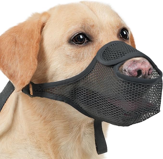 LUCKYPAW Dog Muzzle for Large Medium Small Dogs, Patented Mesh Muzzle to Prevent Biting Chewing Eating, Soft Mouth Guard with Front Opening Design for Drinking Panting(Black, XL)-Mewly Pet