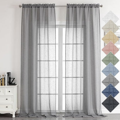 Aiyufeng Gray Faux Linen Sheer Curtains 96 Inches Long 2 Panels, Light Filtering Textured Soft Rod Pocket Window Curtain Panels for Farmhouse Living Room Bedroom, Each 40Wx96L Inch, Grey