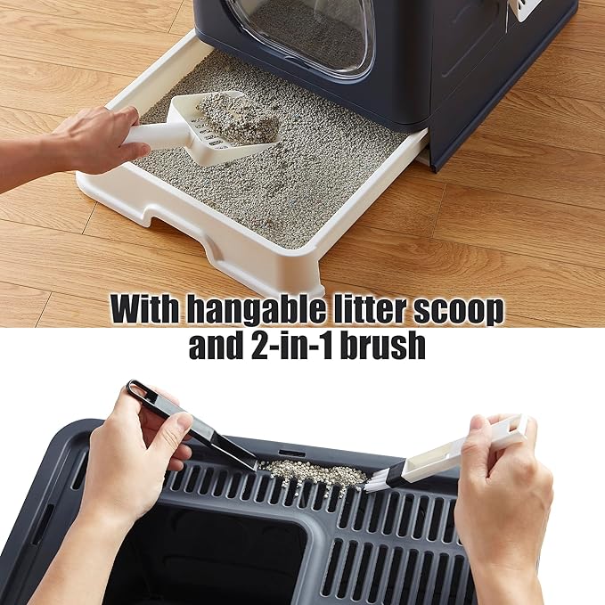 Gefryco Litter Box with Lid for Small to Medium Cats, Enclosed Cat Litter Box with Cover，High Sided Top Entry Cat Box with Brush and Scoop, Cute Kitty Litter Pan with Drawer for Growing Kitten(Black)-Mewly Pet