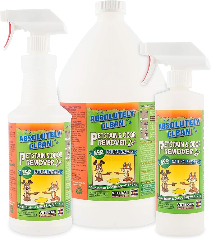Absolutely Clean Amazing Pet Odor Eliminator for Home, Professional Strength: Natural Enzymes Remove Most Stains in 60 Seconds -Dog/Cat Urine, Vomit, Bile, Feces, Grass, Blood, Drool, More -USA Made-Mewly Pet