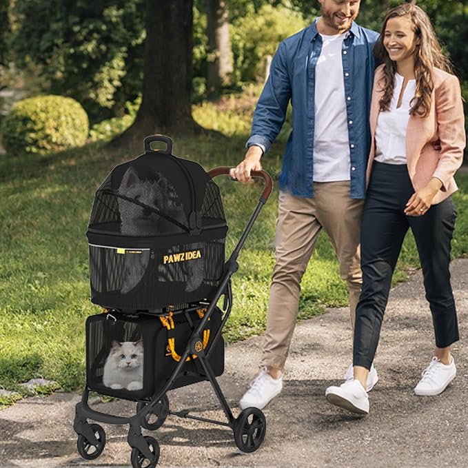 PAWZIDEA Double Pet Stroller with 2 Detachable Carriers, Portable Dog Crate for Car Travel & TSA-Approved Expandable Cat Carrier, Foldable Lightweight Jogger Stroller for 2–4 Cats or Small/Medium Dogs-Mewly Pet