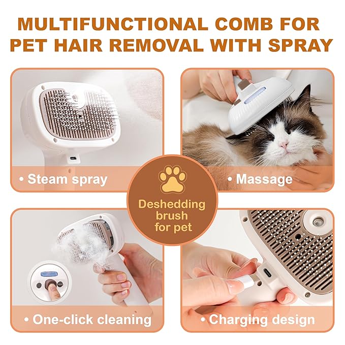 Cat Steam Brush, Dog Brush for Shedding, Pet Spray Hair Removal Comb, Pet Brush for Short & Long Hair, USB Rechargeable Grooming Supplies, Spritz Defur Comb with Finger Wipe for Teeth (White)-Mewly Pet