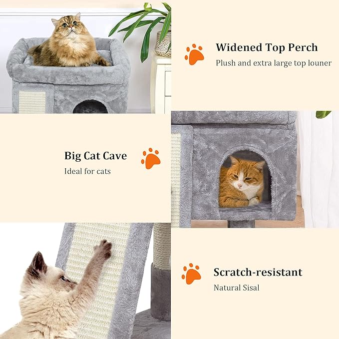 SYANDLVY Small Cat Tree for Indoor Cats, Cat Tower with Scratching Post, Modern Activity House for Large Cats, Condo with Board, Kittens Cave (Light Grey)-Mewly Pet