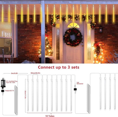Joomer Christmas Lights Outdoor, 11.8 inch 10 Tubes 240 LED Meteor Shower Lights, LED Snow Falling Icicle Cascading Light with Timer Waterproof and Connectable for Christmas Decoration (Warm White)