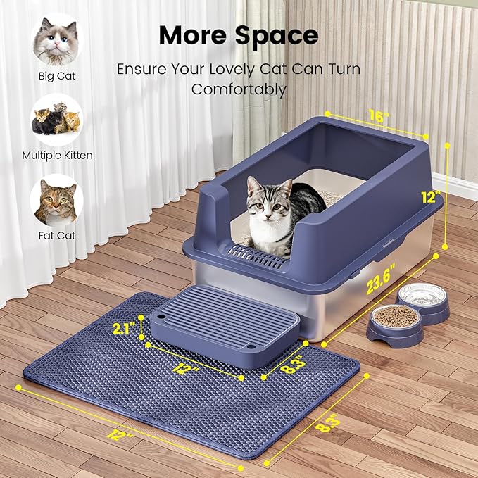 Stainless Steel Cat Litter Box - Enclosed XL Metal Kitty Litter Box with Lid for Big Cats, High Sided, Anti-Leakage, Easy Cleaning, Non-Sticky, Included Litter Mat, Cat Bowl & Spoon-Mewly Pet