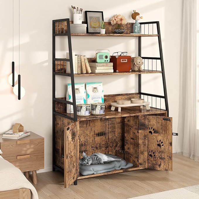 Recaceik Large Cat Litter Box Enclosure with Shelf Storage, Hidden Cat Washroom Furniture, Wooden Cat House with Scratch Pad, Sturdy Indoor Cat Cabinet with 2 Doors, Rustic Brown-Mewly Pet
