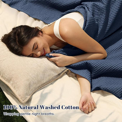 PHF 100% Cotton Waffle Weave Blanket Queen Size for Bed,Snag Proof Lightweight Breathable Moisture-wicking Throw for Couch,Great for Layering in Cold Weather,Machine Washable,Home Decor Gift-Dark Navy