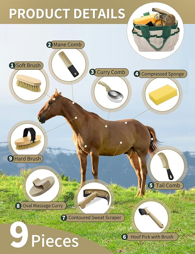 9 Pieces Horse Grooming Kit, Tack Room Supplies Set with Tote Bag, Horse Brush Set for Effective Cleaning and Bathing, Professional Equine Coat Care Kit for Horse Riders Beginner-Mewly Pet