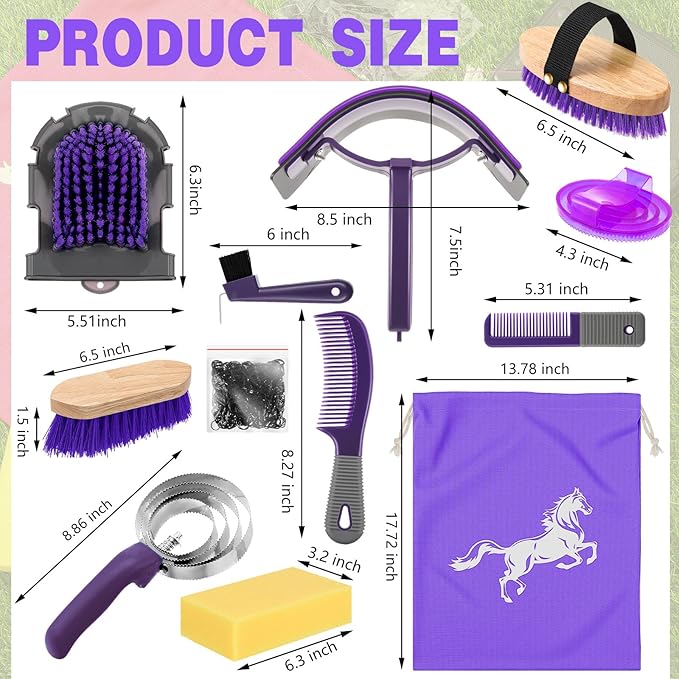 Abbylike 12 Pieces Horse Grooming Kit Racing Festival Tack Room Supplies Horse Brush Sets Equine Care Cleaning Kit Shedding Grooming Massaging Tools(Gray and Purple)-Mewly Pet