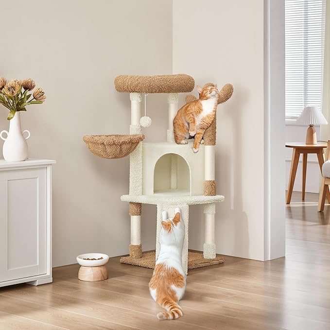 Yaheetech Cactus Cat Tree, 42in Cat Tower for Indoor Cats, Multi Level Kitten Condo Scratching Post, Pet Activity Center Furniture w/Ball, Plush Perch, Platform, Basket, Beige/Brown-Mewly Pet