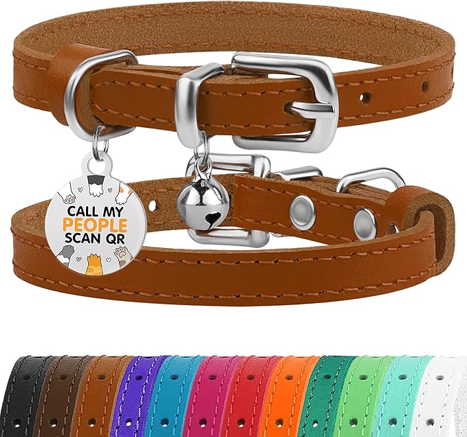BRONZEDOG Leather Cat Collar with Removable Bells Non Breakaway Kitten QR Tag for Girl Boy (9" - 12" Cats/Mini Dogs, Light Brown & Silver)-Mewly Pet