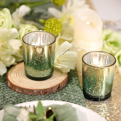 Volens Green Votive Candle Holders Set of 12, Speckles Mercury Glass Tealight Candle Holder Bulk for Table Wedding Centerpiece, Green and Gold Party Decorations & Home Decor