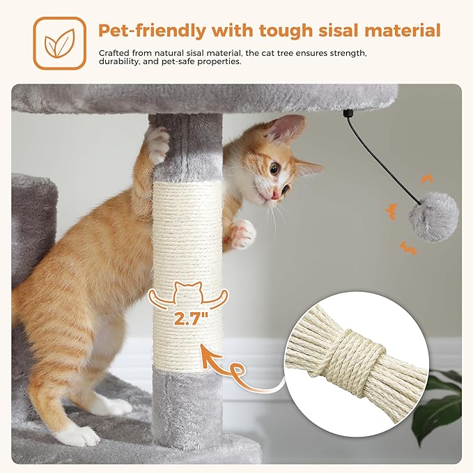 PAWZ Road 70 Inch Cat Tower, Tall Cat Tree with 2 Cozy Condos, 2 Plush Perch, Large Basket, 2 Scraching Pad & 6 Scraching Posts for Indoor Cats Large Adult, Gray-Mewly Pet