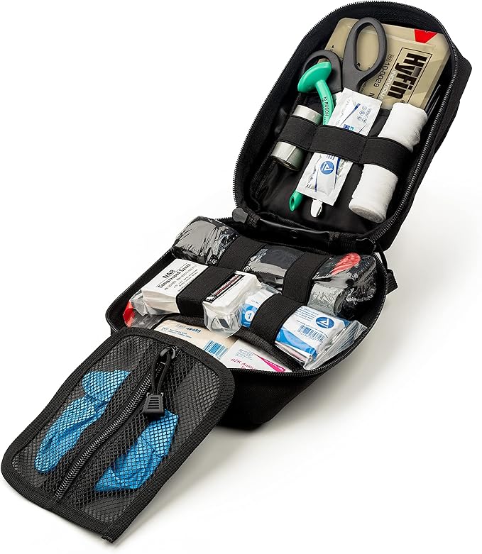 Scherber Premium IFAK Kit Trauma Pack | HSA/FSA Approved | Fully Stocked MOLLE Pouch w/CAT Tourniquet, HyFin Chest Seal, & Israeli Bandage | Trauma Kit for Gunshot, Bleeding, Major Wound Care (Black)-Mewly Pet