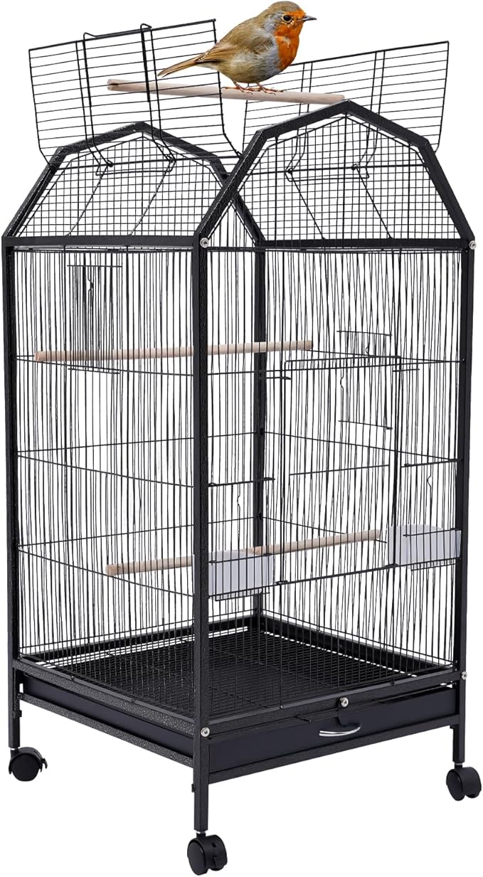 40-Inch Wrought Iron Bird Cage with Open-Top and Rolling Stand, Movable Parrot Cage Pet Bird Flight Cage, 360 Degree View Spacious Interactive Roof Pet Bird House for Medium&Small Birds-Mewly Pet