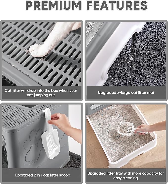 Cat Litter Box with X-Large Litter Mat and Scoop, Large Foldable Litter Box with Lid, Enclosed Kitty Box,Front Top Entry Exit, Odor Control Easy to Clean (Upgrade Dark Grey)-Mewly Pet