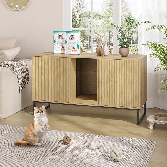 Litter Box Enclosure for 2 Cats, Fluted Hidden Cat Litter Box Furniture with Scratch Pad and Metal Legs, Modern Double Room Kitty House for Living Room, Washroom, 47.2”L x 17.7”W x 25.9”H, Natural-Mewly Pet