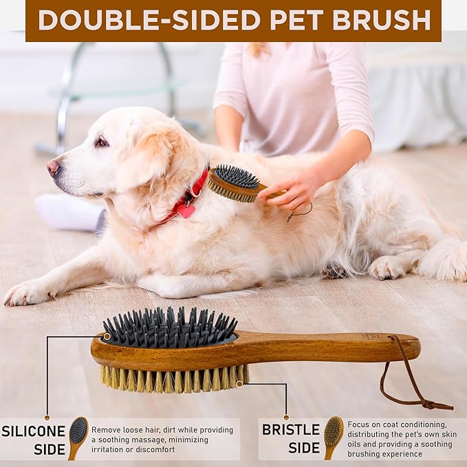 TAKAVU Short Hair Dog & Cat Deshedding Brush - Double Sided Grooming Tool with Silicone Massage & Bristle Sides - Removes Loose Fur & Dirt - Wood Handle-Mewly Pet