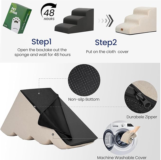 GoGoBunny Ramp Dog Stairs for High Beds 22.6" H, 5-Step Dog Slope Stairs with Durable Waterproof Fabric Cover, Pet Steps for Old Large Dogs Climbing, Non-Slip Sturdy Indoor Step, Beige-Mewly Pet