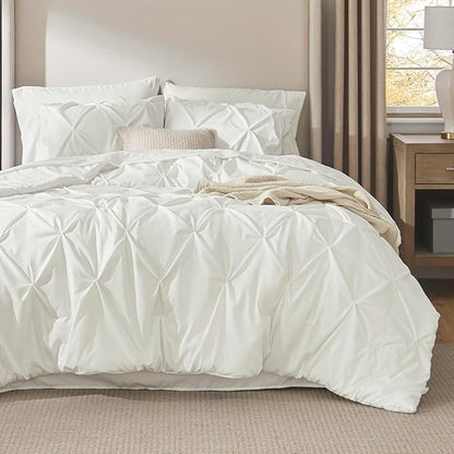 Bedsure Queen Comforter Set Ivory - Bed in a Bag Queen Size Bedding 7 Pieces, GentleSoft™ Pintuck Bed Set Gift for Family, Pinch Pleat All Season Comforter with Sheets, Pillowcases & Shams