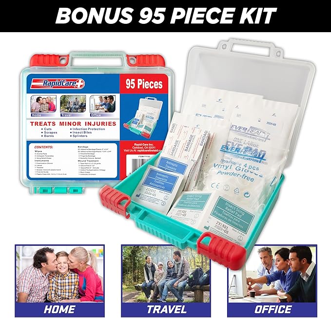 Rapid Care First Aid Kit – 300+ Piece Emergency Medical Kit with Bonus 95-Piece Travel Pack – Outdoor, Workplace, and Home Use – Color Coded & Labeled for Quick Access-Mewly Pet