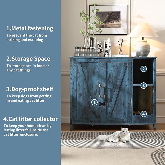Cat Litter Robot Enclosure, Enclosure for self-Cleaning Litter Boxes,Adjustable Shelf for Dog Proof and Storage,Charging Station,Locks Added for cat,Large Indoor Cat House,Blue-Mewly Pet