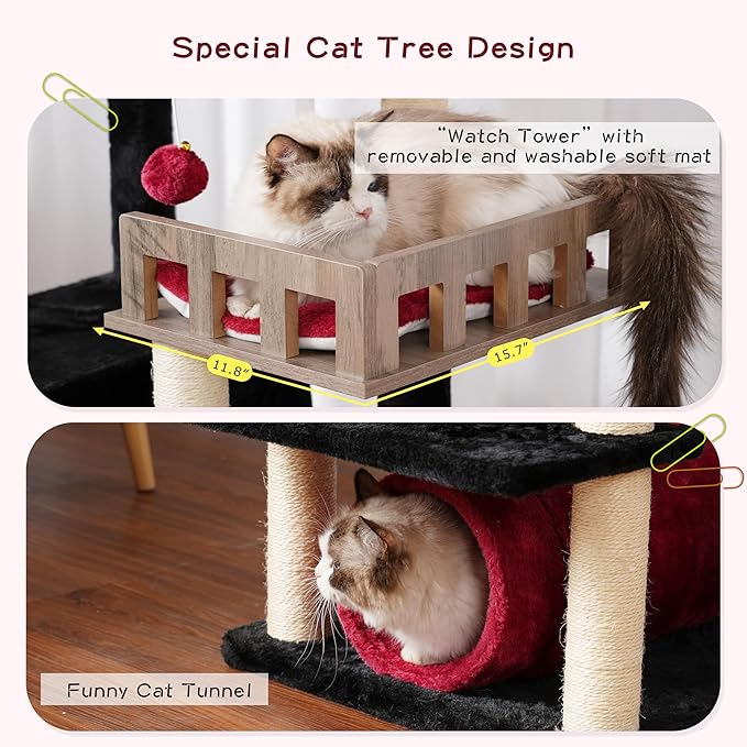 Cat Tree with Tunnel, Cat Tower for Indoor Cats, Tall Gothic Cat Tree Tower with Cat Condo, Food Station, Large Platform, Scratching Posts, Hammock, Black and Red GCT021BR-Mewly Pet