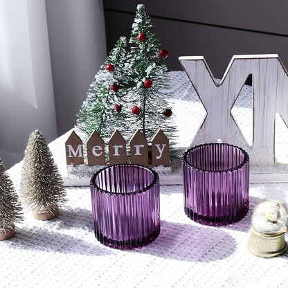 VOHO Large Votive Candle Holders for Table Centerpiece, 6pcs Purple Glass Ribbed Candle Holder for Halloween Decorations, Vintage Tealight Candle Holder for Baby Shower/Easter/Diwali(2.75"W x 2.56"H)