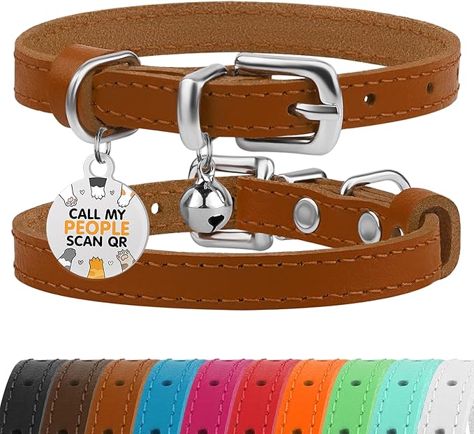 BRONZEDOG Leather Cat Collar with Removable Bells Non Breakaway Kitten QR Tag for Girl Boy (7" - 9" for Cats, Light Brown & Silver)-Mewly Pet