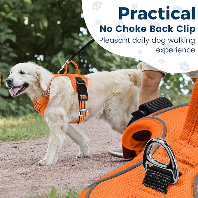 Funfox Dog Harness No Pull, Adjustable Pet Vest Harness, Super Soft Material with Vertical Handle Easy Control, Reflective Night Walking, 2 Leash Clips for XLarge Dogs, Orange, XL-Mewly Pet