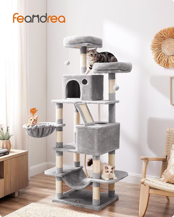 Feandrea Cat Tree, 66.1-Inch Large Cat Tower with 13 Scratching Posts, 2 Perches, 2 Caves, Basket, Hammock, Pompoms, Multi-Level Plush Cat Condo for Indoor Cats, Light Gray UPCT165W01-Mewly Pet