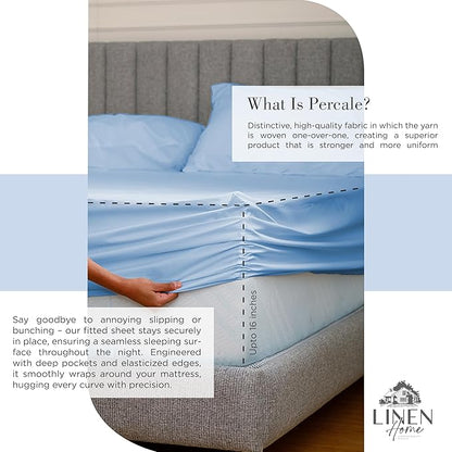 Linen Home 100% Cotton Percale Sheets King Size, Baby Blue, Deep Pocket, 4 Pieces Set - 1 Flat, 1 Deep Pocket Fitted Sheet and 2 Pillowcases, Crisp Cool and Strong Bed Linen