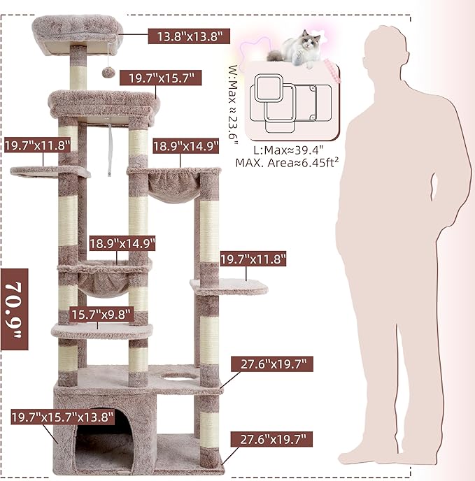 Heybly Heavy Duty Cat Tree, 71-Inch Tall Tower for Large Maine Coon with Extra-Large Baseboard, Cat Condo Furniture with Multi-Level Platforms, 2 Hammocks and 12 Scratching Posts, Muchroom HCT037MU-Mewly Pet
