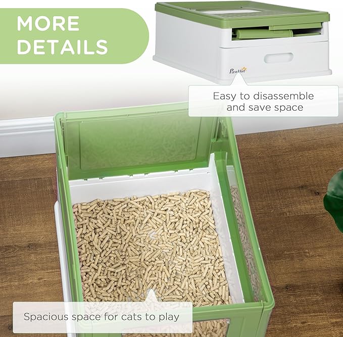 PawHut Fully Enclosed Cat Litter Box with Scoop, Hooded Cat Litter House with Drawer Type Tray, Foldable Smell Proof Potty with Front Entry, Top Exit, Large Space, Yellowish Green-Mewly Pet
